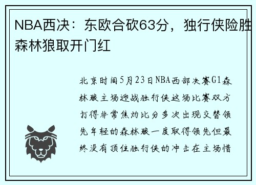 NBA西决：东欧合砍63分，独行侠险胜森林狼取开门红